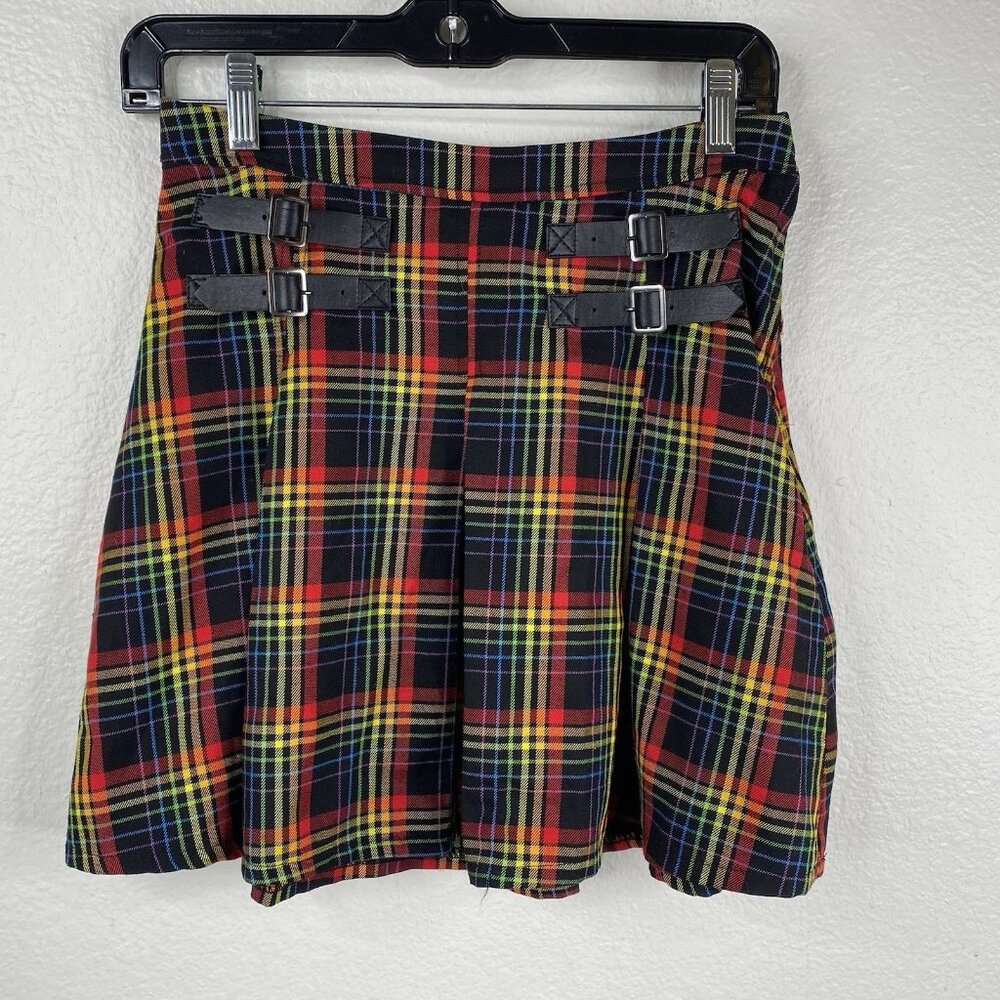 Hot Topic Rainbow Plaid Double Buckle Pleated Skirt Kilt Goth Punk Academia Sz S